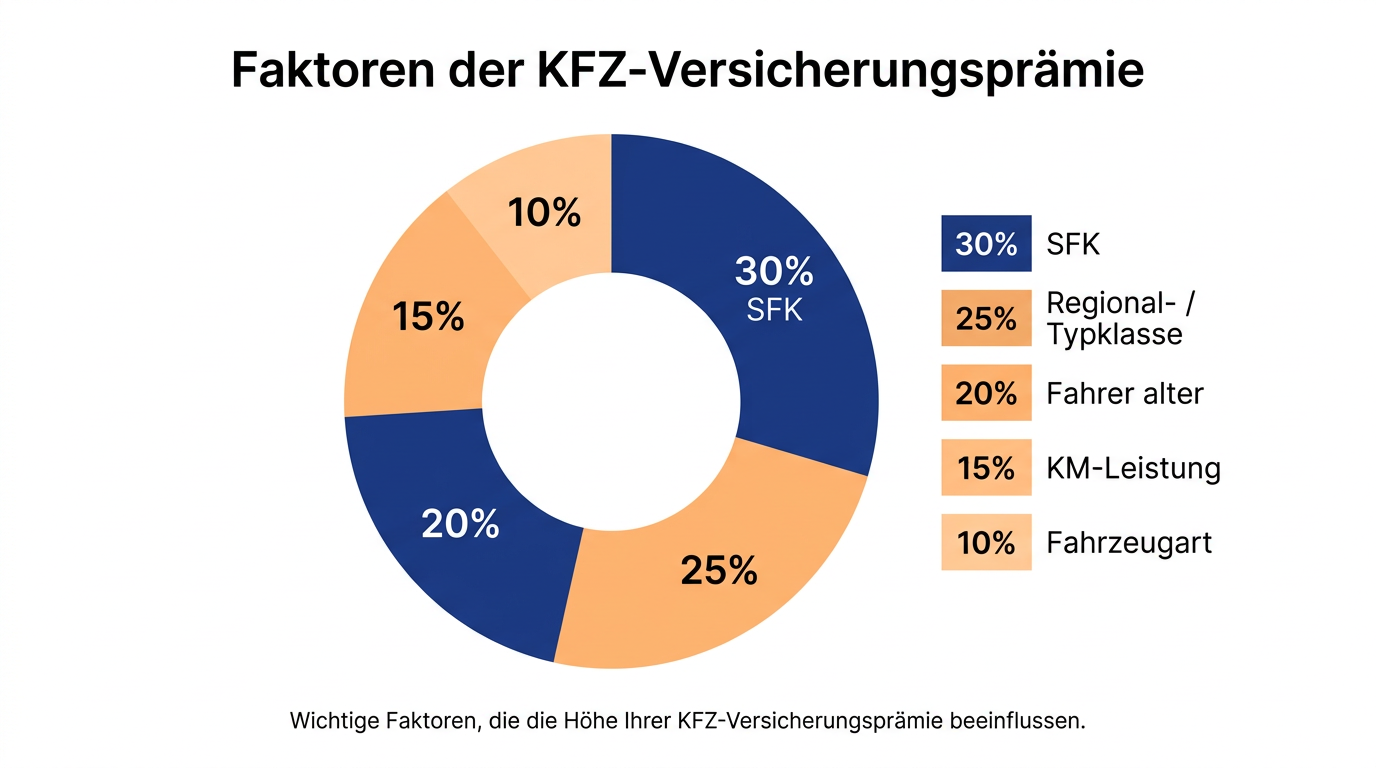 Donut-Diagramm, das die Faktoren der KFZ-Versicherungsprämie wie Regional- und Typklassen darstellt.