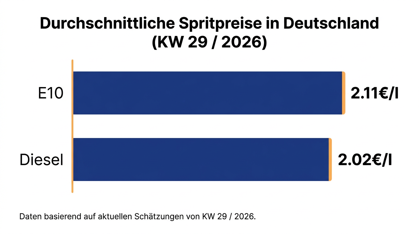 Balkendiagramm der durchschnittlichen Spritpreise für E10 und Diesel in Deutschland in KW 29 / 2026