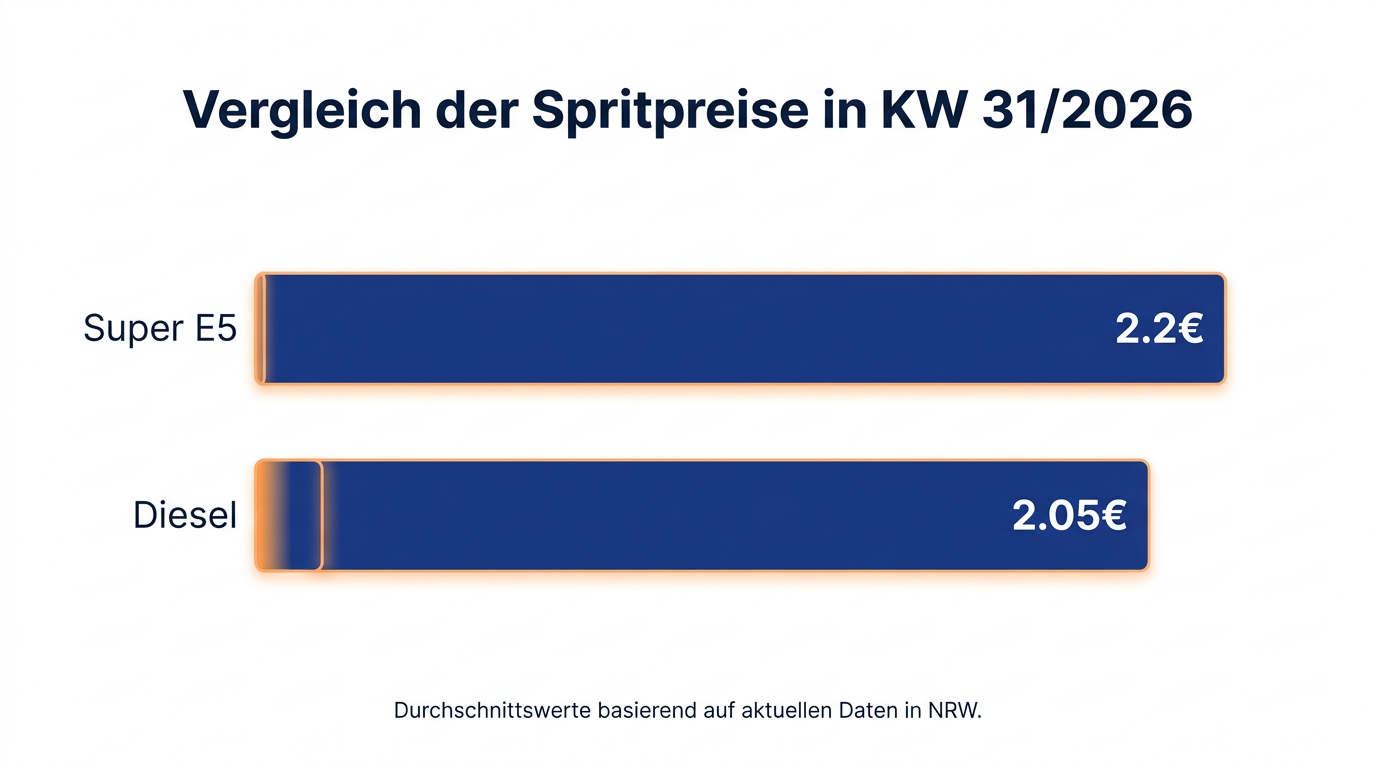 Infografik der mittleren Spritpreise für Super E5 und Diesel in KW 31/2026